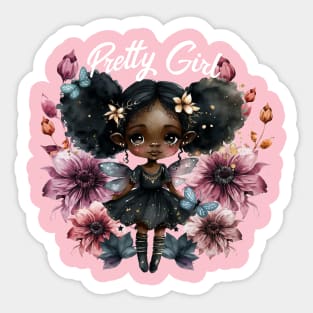 Pretty Black Girl Fairy with Pink Flowers Sticker